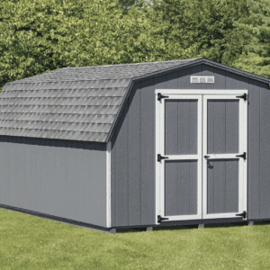 10x16 Mini Barn; Dark gray wood siding, light gray trim, pewter roof.