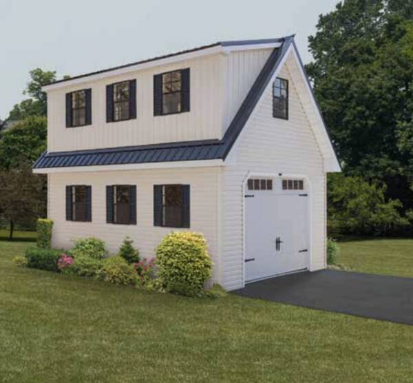 14x24 Chalet with Shed Dormer, Pearl siding, white trim, black metal roof.