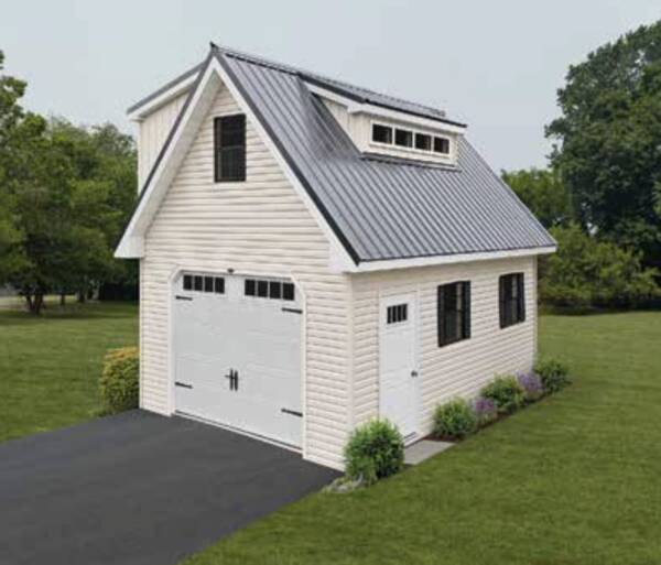14x24 Garage with loft, one shed dormer, and one transom dormer, Pearl siding, white trim, black metal roof