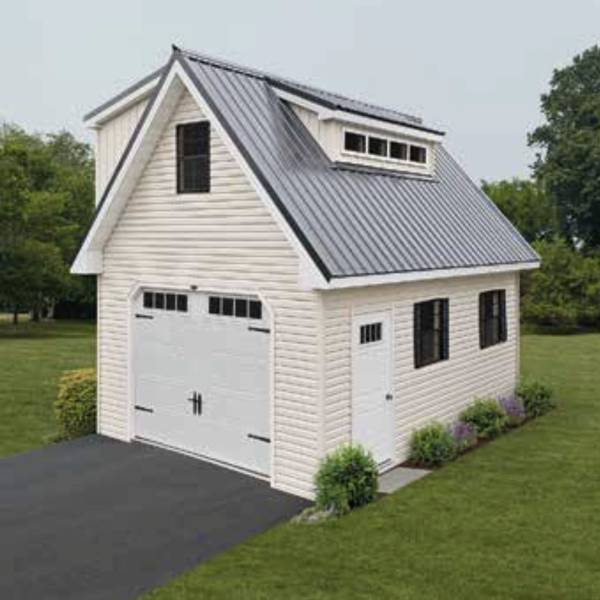 14x24 Garage with loft, one shed dormer, and one transom dormer, Pearl siding, white trim, black metal roof