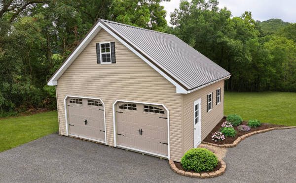 24x24 Two Car Garage; Clay vinyl siding, white trim, metal roof.