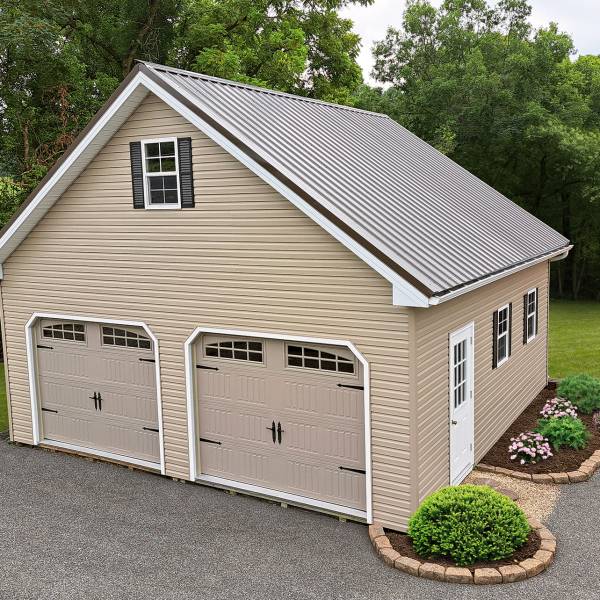 24x24 Two Car Garage; Clay vinyl siding, white trim, metal roof.
