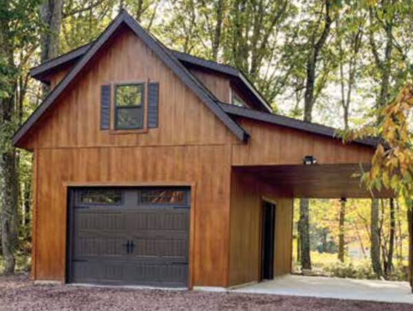 Chalet garage with porch.