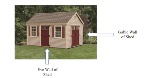 Colonial shed showing eve wall on front and gable wall on side.
