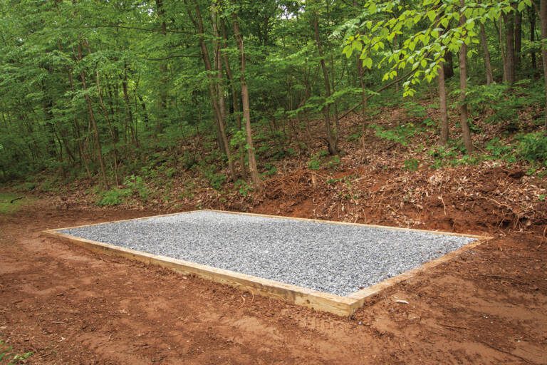 Basic shed pad with pressure-treated wood framing.