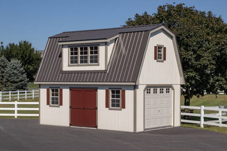 G75 | 14x22 Gambrel with Full Loft Custom metal roof, 10' shed dormer Navajo white, clay trim, custom burnished slate metal roof.